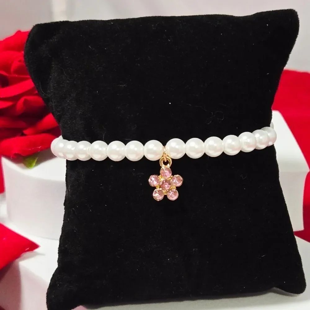Pink Rhinestone Flower Charm White Pearl Beaded Bracelet Petite Girls Tween Chic